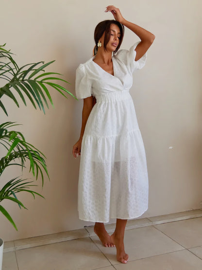 V-neck openwork embroidery maxi dress