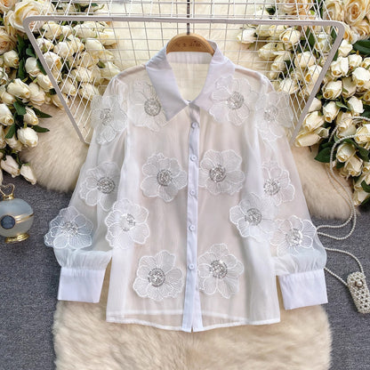 Beaded sequined 3D floral sheer mesh shirt