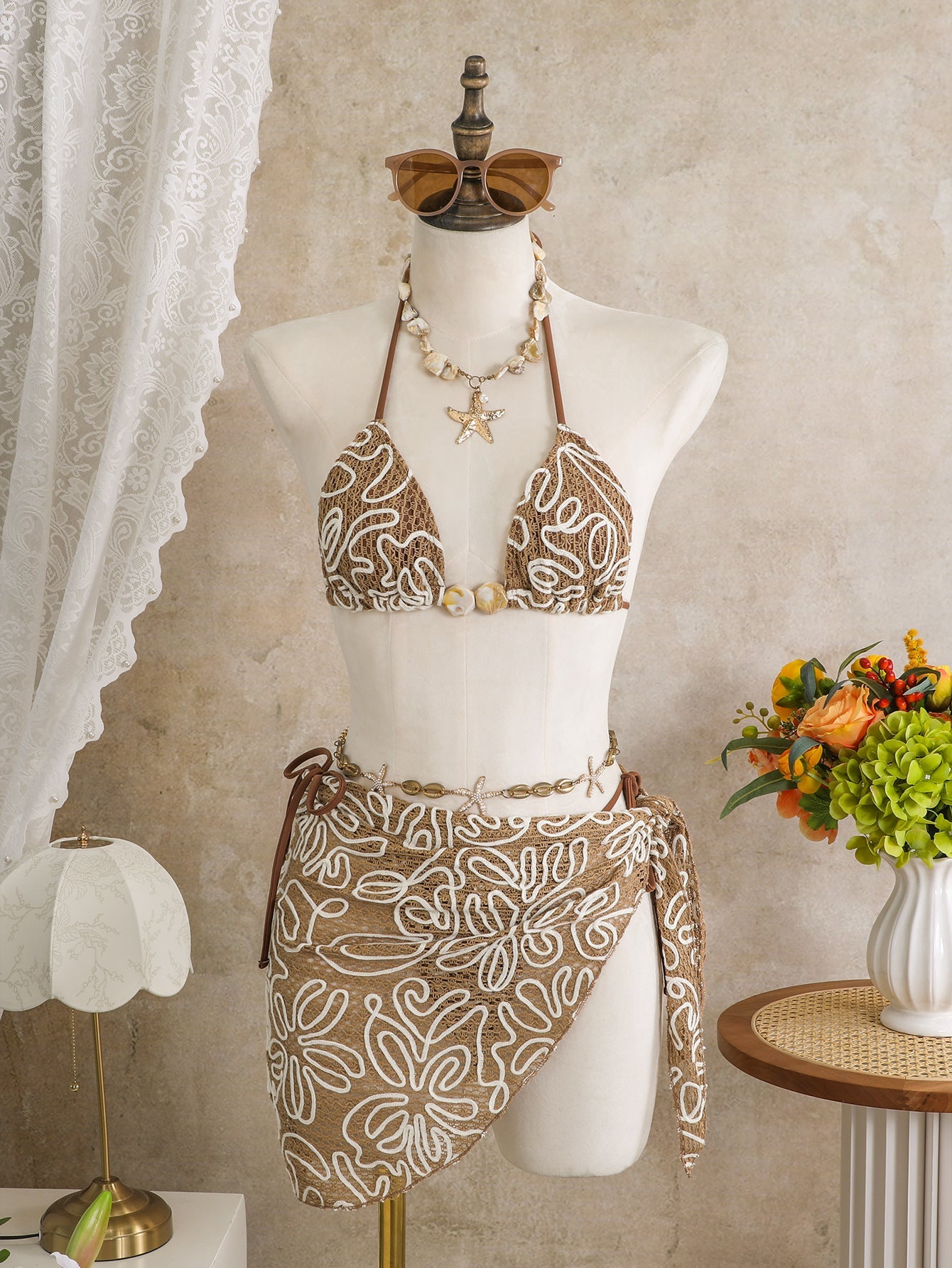 crochet three-piece beach swimsuit