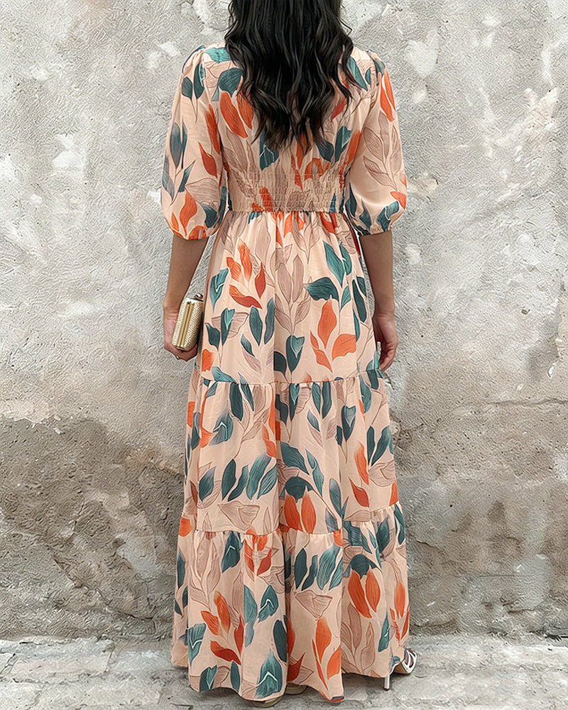 cross-border vintage floral print loose puff sleeve maxi dress