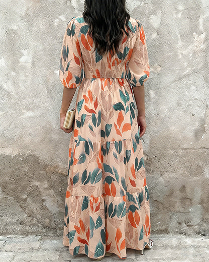 cross-border vintage floral print loose puff sleeve maxi dress