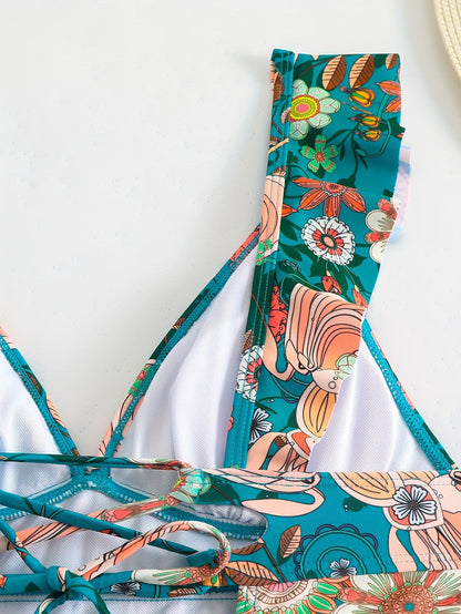 v-neck floral Ruffle bikini