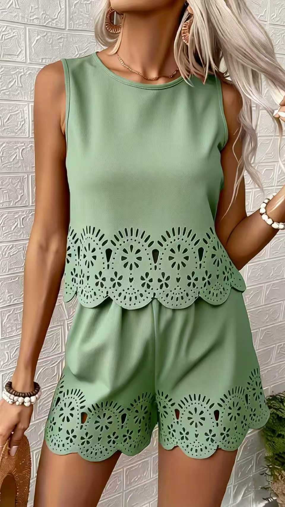 Elegant Hollow-Out Design Short-Sleeve Top and Shorts Two-Piece Set