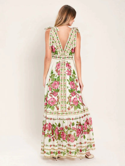 Floral rose vine print maxi dress - green