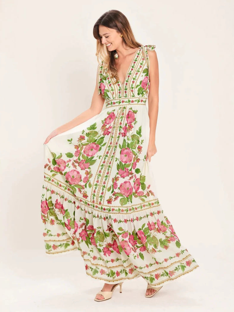 Floral rose vine print maxi dress - green