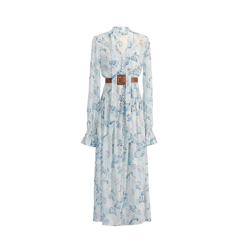long-sleeved chiffon floral print maxi dress - pale blue