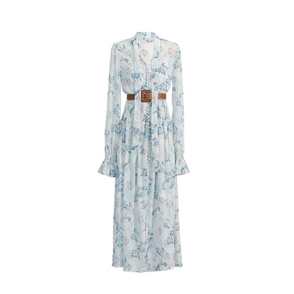 long-sleeved chiffon floral print maxi dress - pale blue