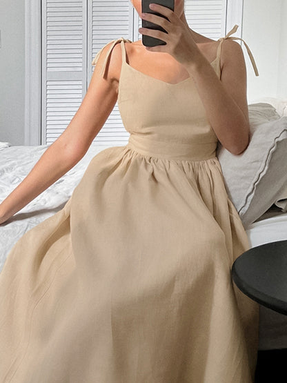 cotton linen backless strap midi dress