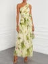 print sleeveless maxi dress with slanted neckline -Champagne-green