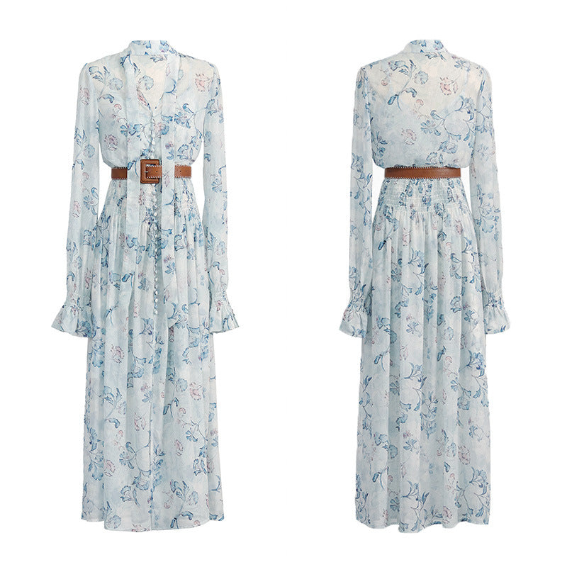long-sleeved chiffon floral print maxi dress - pale blue