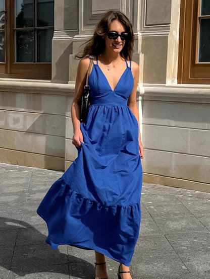 Blue V-neck camisole linen A-line maxi dress