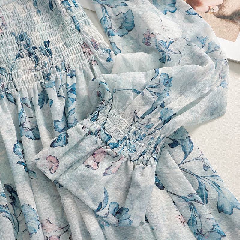 long-sleeved chiffon floral print maxi dress - pale blue