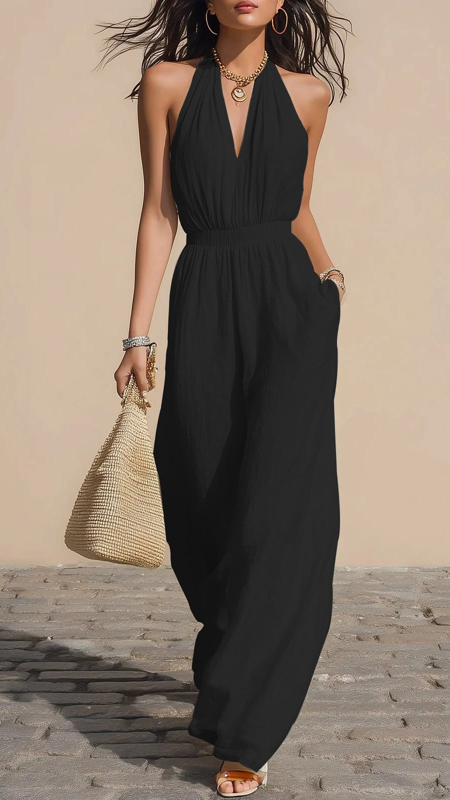 Halter-Neck V-Neck Slim-Fit Jumpsuit
