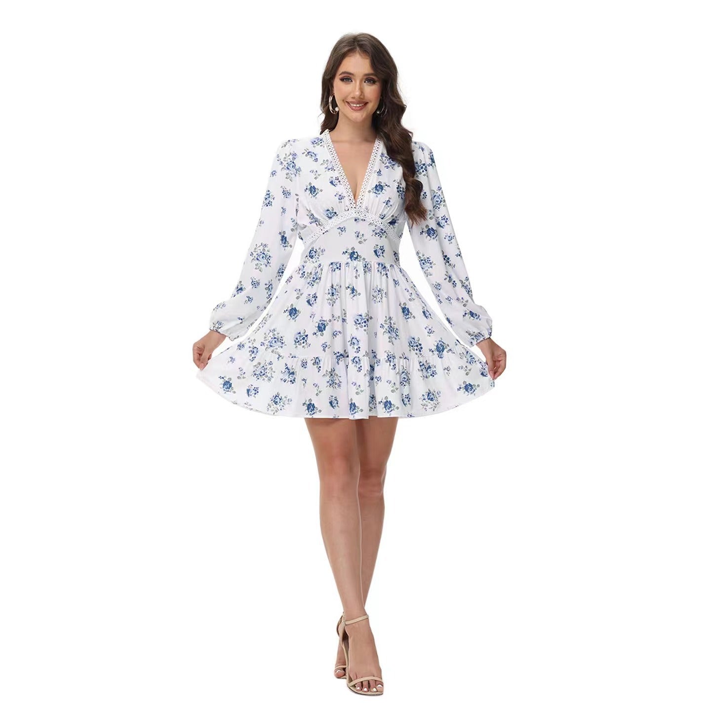 Printed V-neck puff sleeve lace mini dress