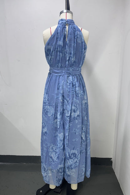 polly Green Floral Chiffon Halter Maxi Dress