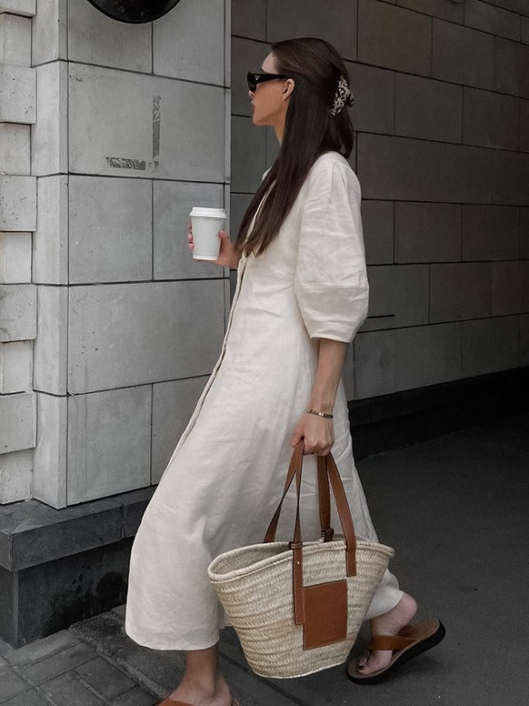 Loose-fitting puff sleeve V-neck cotton linen midi dress