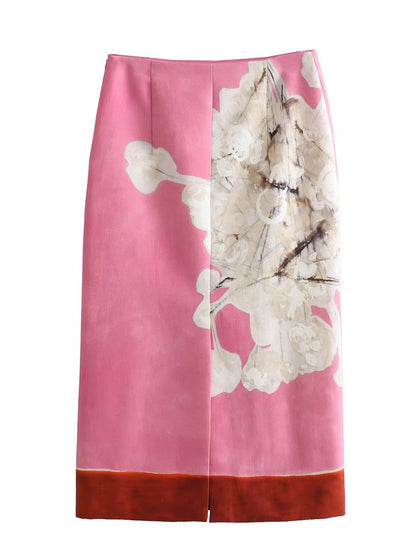 Floral print linen blend midi skirt - pink