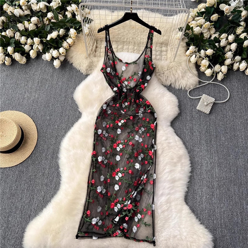 sleeveless embroidery lace mesh midi dress
