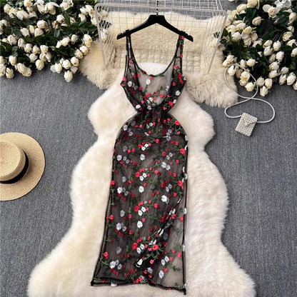 sleeveless embroidery lace mesh midi dress