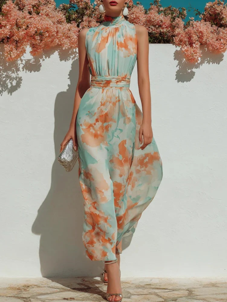 Mint Orange Watercolor Floral Sleeveless Halter Ruched Waist Maxi Dress