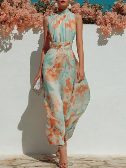 Mint Orange Watercolor Floral Sleeveless Halter Ruched Waist Maxi Dress