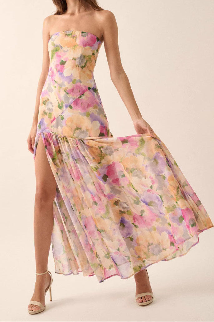 off-shoulder floral print high slit pleated mesh maxi dress