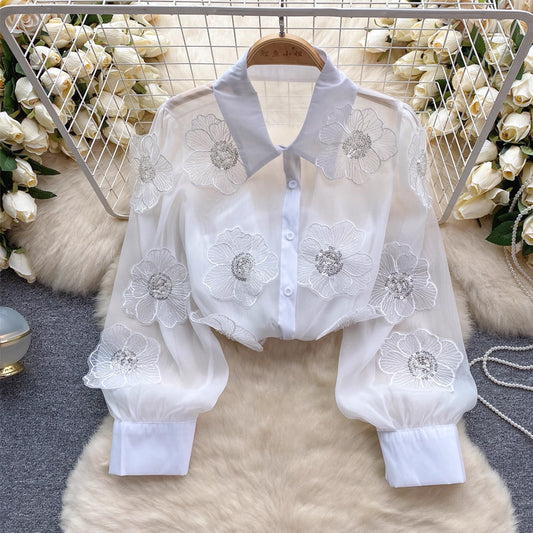 Beaded sequined 3D floral sheer mesh shirt