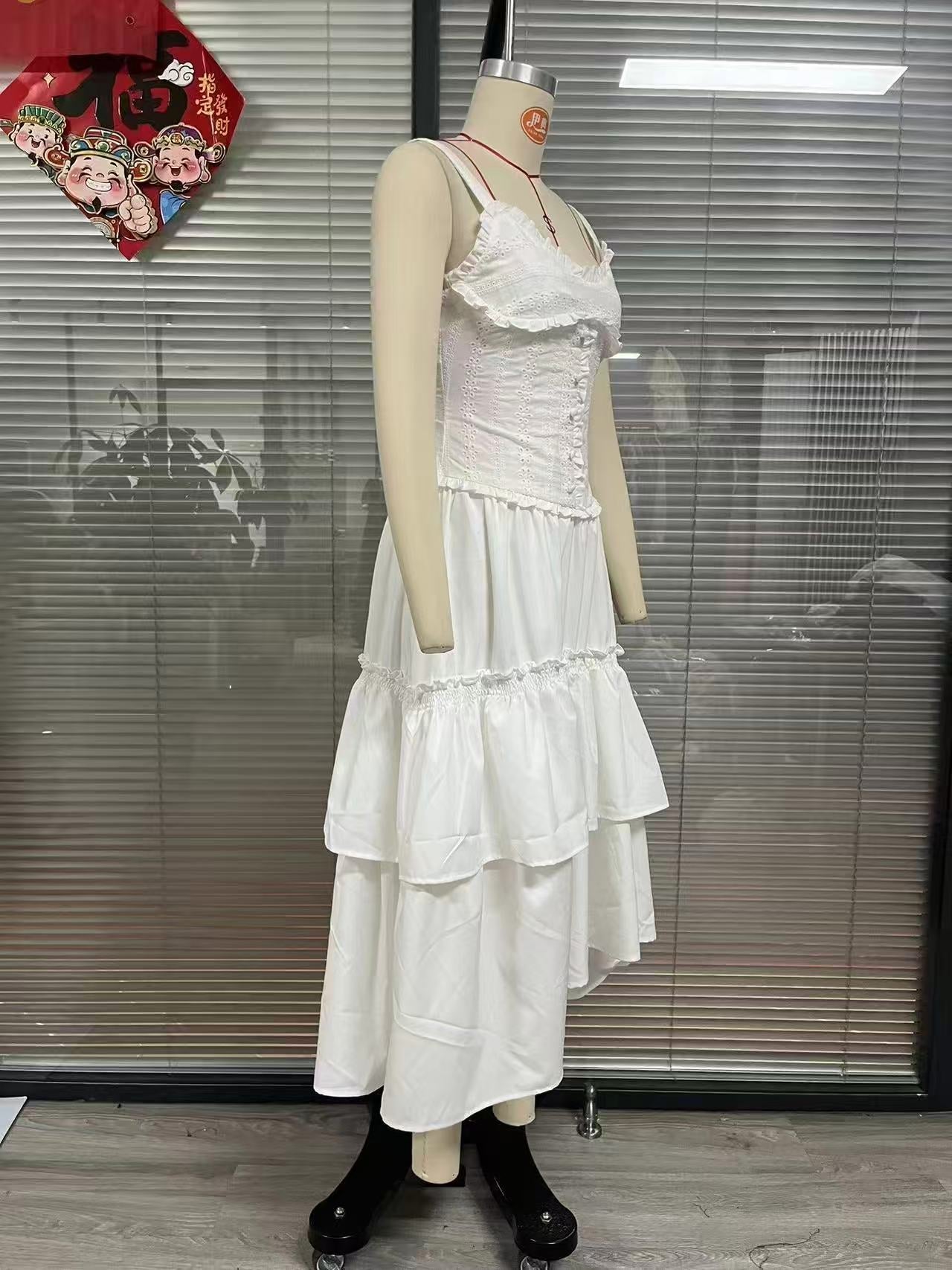 white renee Corset Tiered Midi Dress With Lace-Trim
