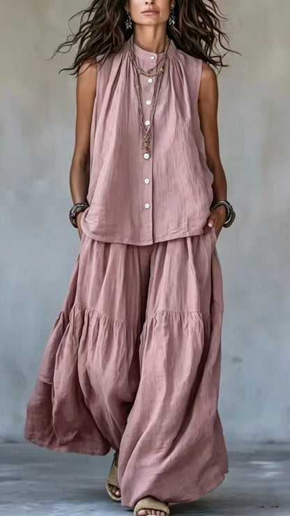 Stand-Collar, Sleeveless Top with Front Placket &amp; Wide-Leg Pants