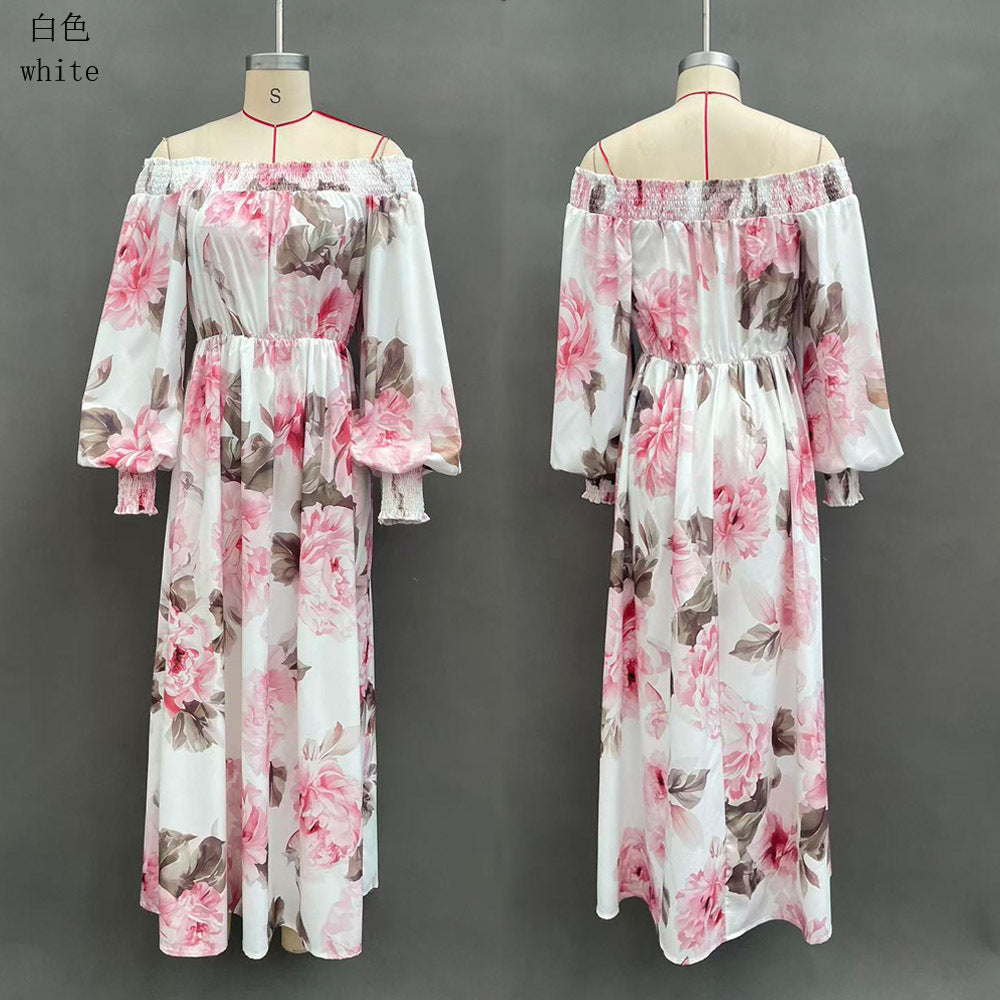 off-shoulder Print lantern sleeve maxi dress