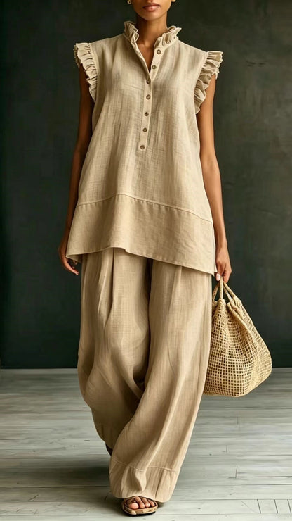 Ruffled Sleeveless Shirt and Loose-Fit Trousers Two-Piece Set