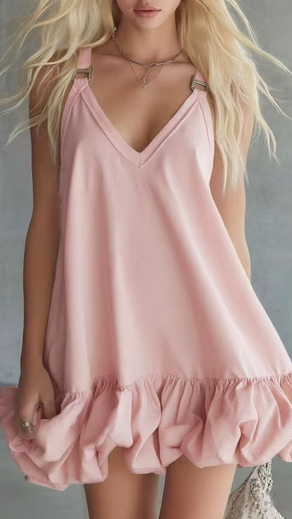 Casual Solid-Color V-Neck Ruffled Mini Dress