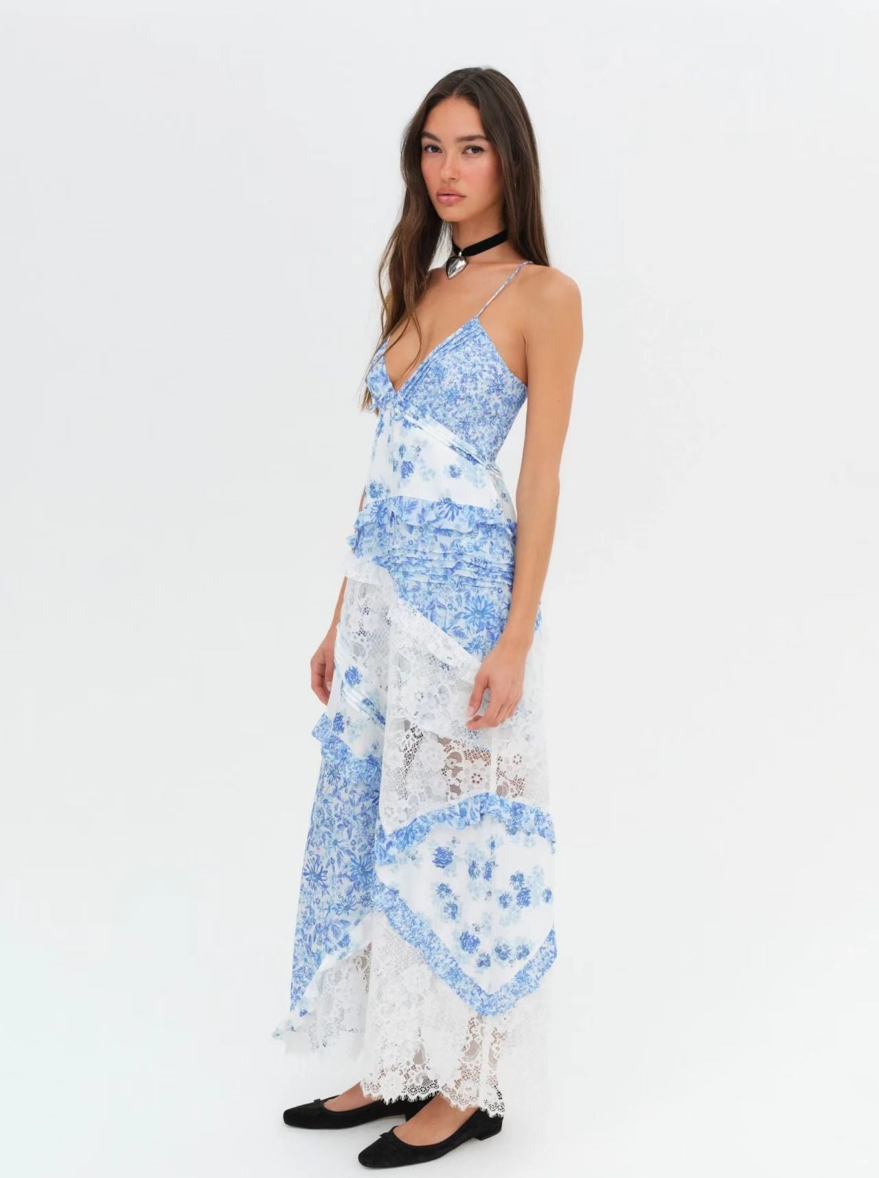 Hollow-out deep V-neck ruffled floral backless maxi dress
