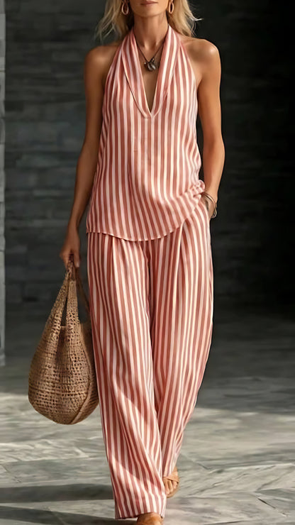 Women's Striped Cotton-Linen Set: Wide-Leg Pants & Halter Top