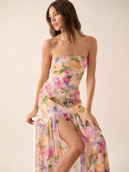 off-shoulder floral print high slit pleated mesh maxi dress