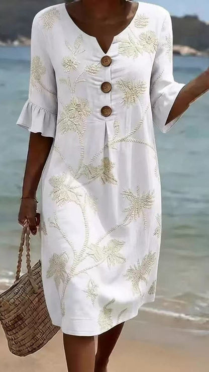 Women's Vacation-Style V-Neck Printed Loose-Fit Dress with Mid-Length Sleeves