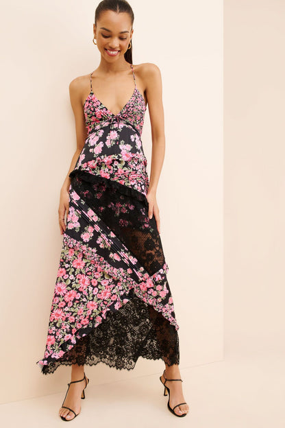 Hollow-out deep V-neck ruffled floral backless maxi dress