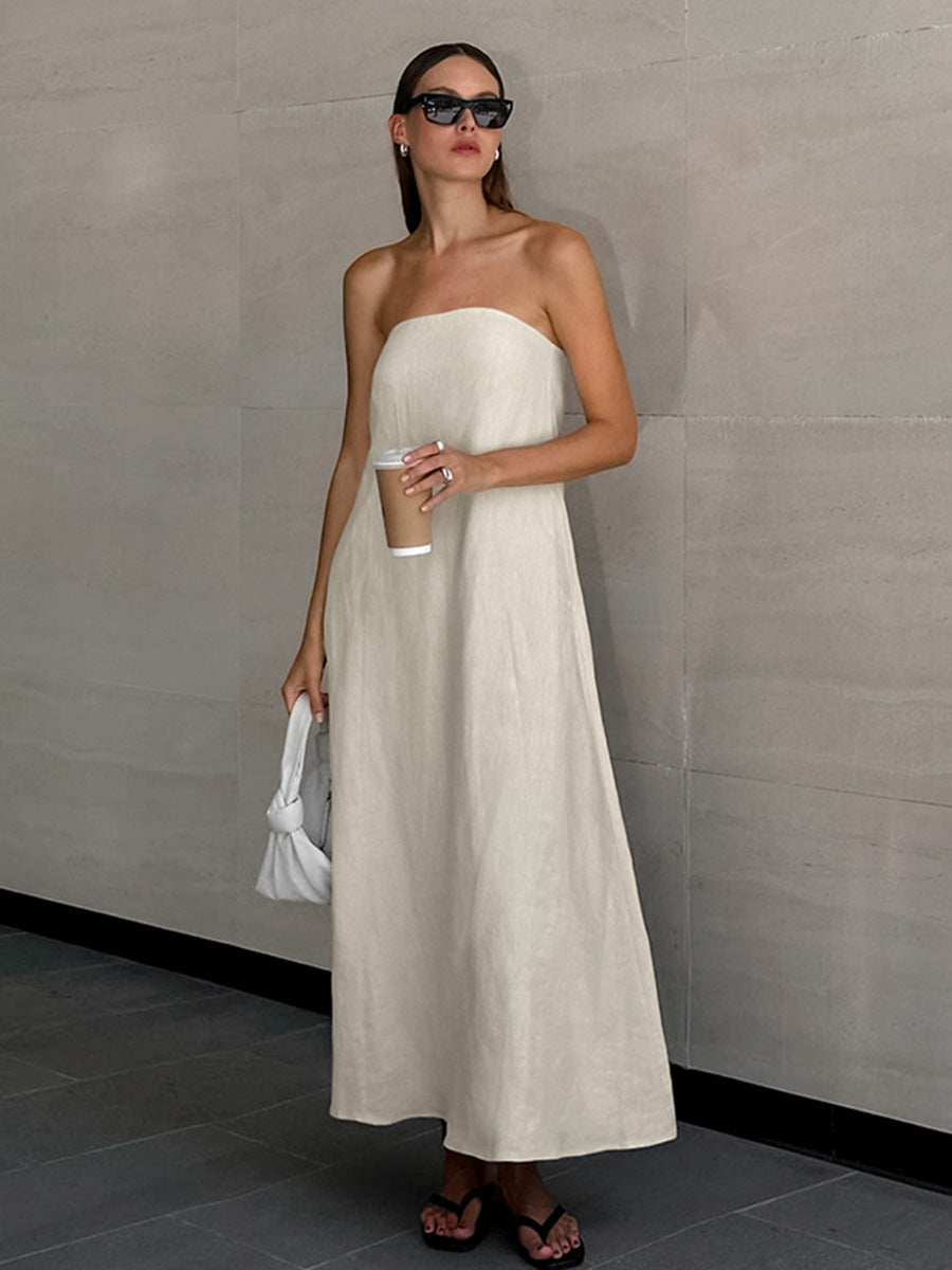 cotton linen strapless A-line midi dress