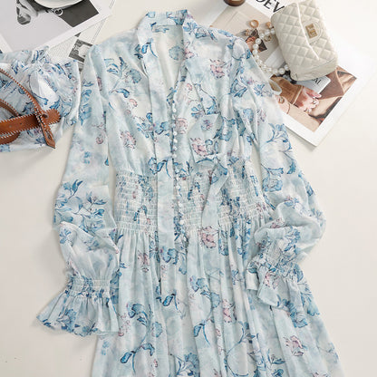 long-sleeved chiffon floral print maxi dress - pale blue