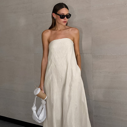 cotton linen strapless A-line midi dress