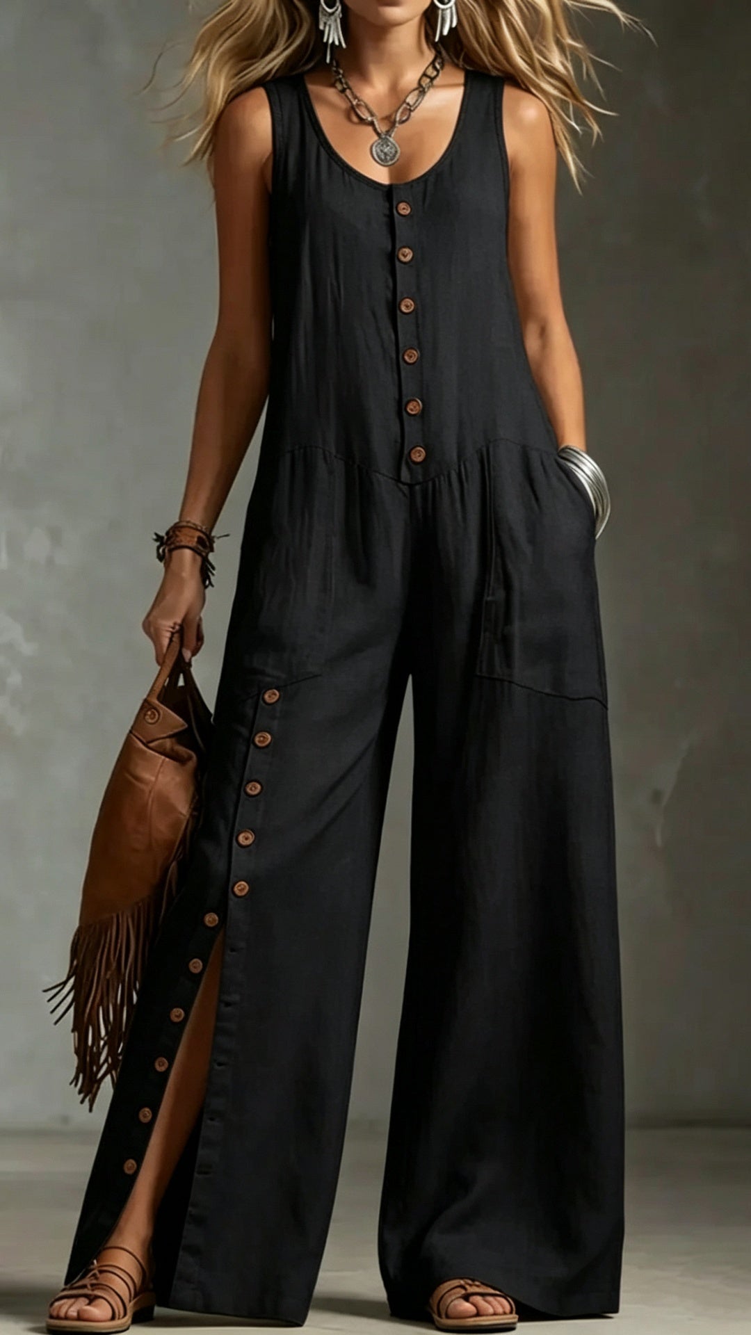 Sleeveless Linen Jumpsuit with Button Pockets