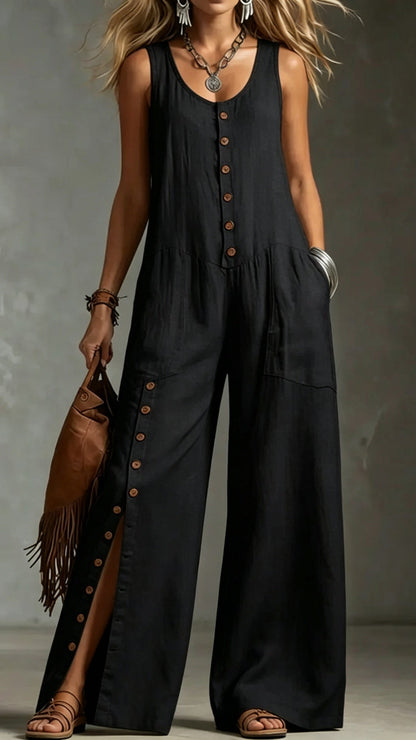 Sleeveless Linen Jumpsuit with Button Pockets