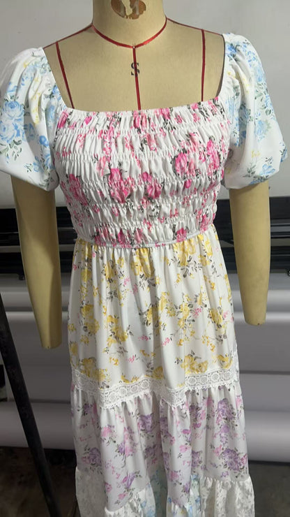 Puff-sleeved printed pleated lace strapless maxi dress