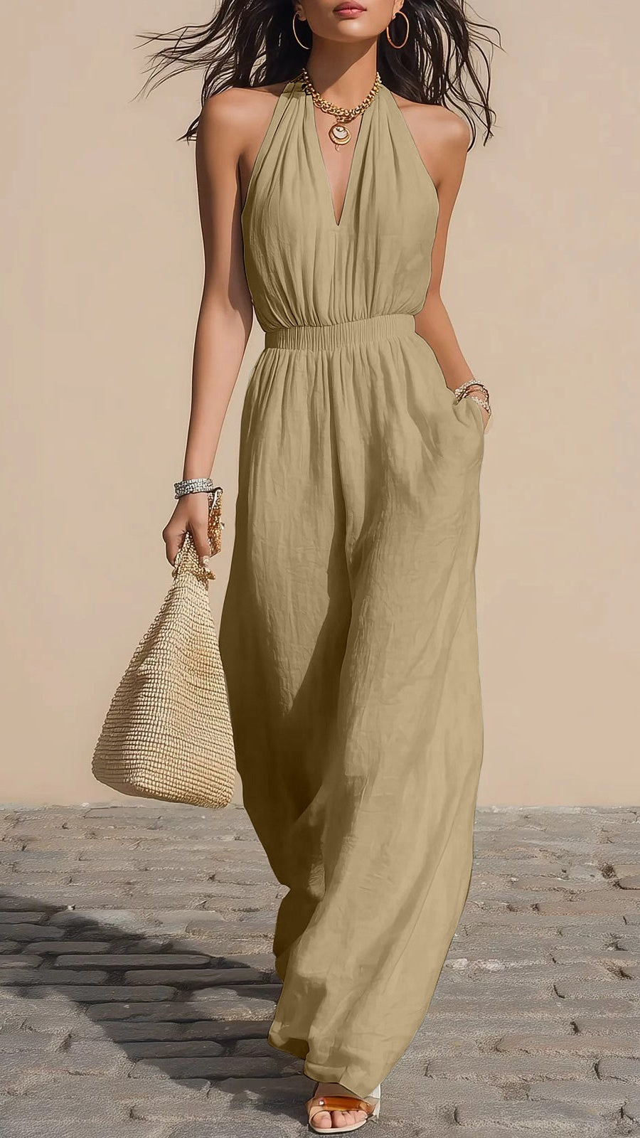 Halter-Neck V-Neck Slim-Fit Jumpsuit