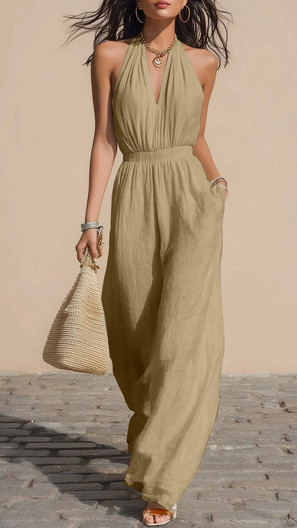Halter-Neck V-Neck Slim-Fit Jumpsuit