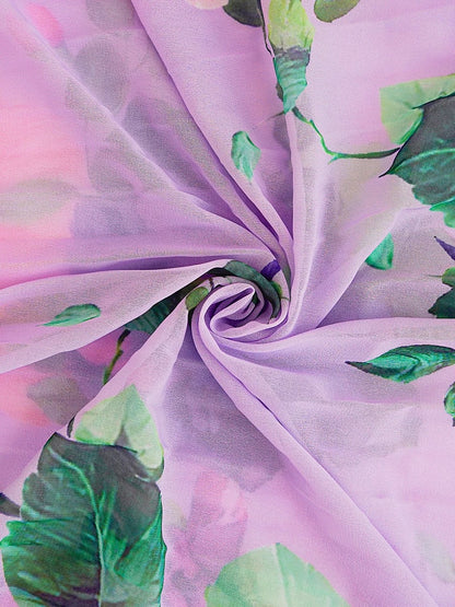Purple floral print long-sleeved pleated maxi dress