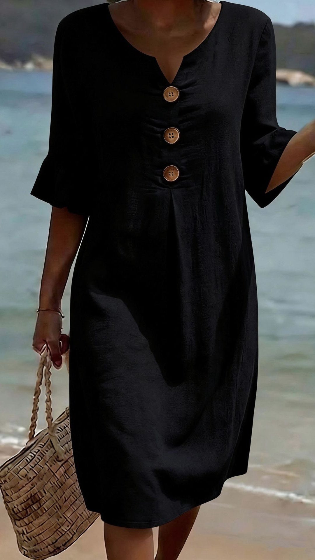 Cotton-Linen Dress with V-Neck, Large Buttons, and Ruffled Sleeves