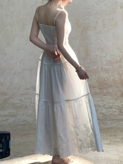 Cotton Embroidered Spaghetti Strap maxi Dress - white
