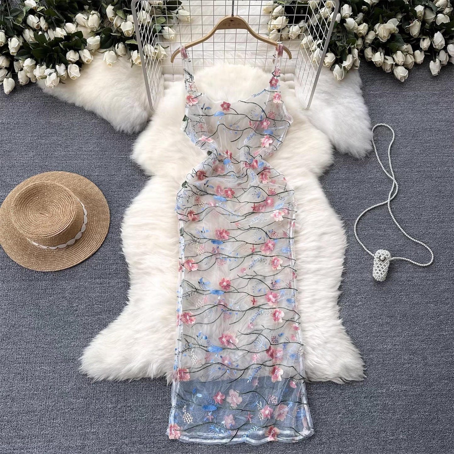 sleeveless embroidery lace mesh midi dress