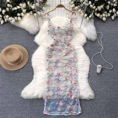 sleeveless embroidery lace mesh midi dress